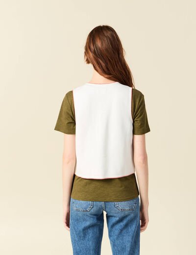 Cardigan droit court brod&eacute; sans manches ecru femme