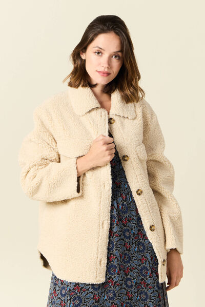 Manteau surchemise droit creme femme