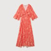 Robe col v manches longues rouge corail femme