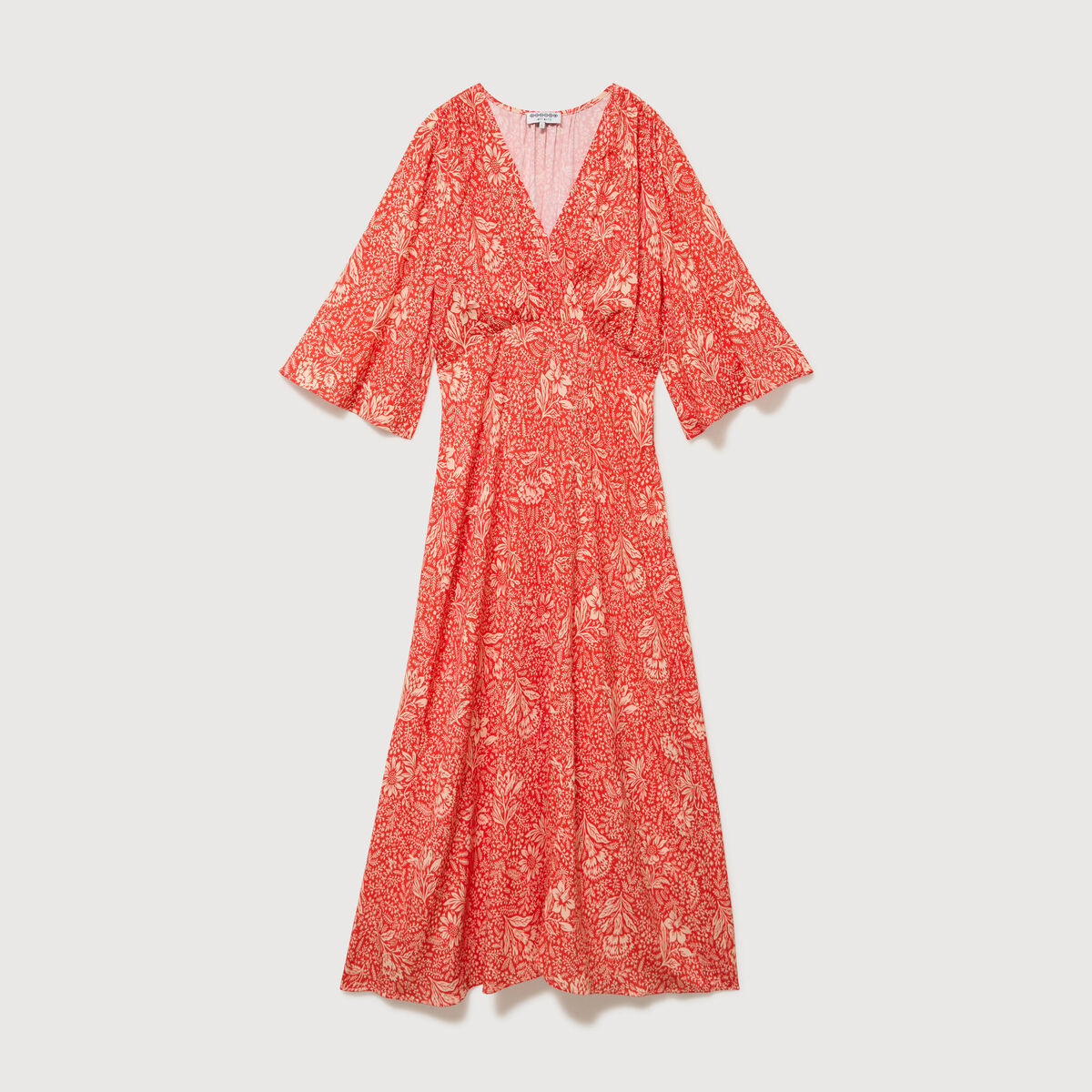 Robe col v manches longues rouge corail femme