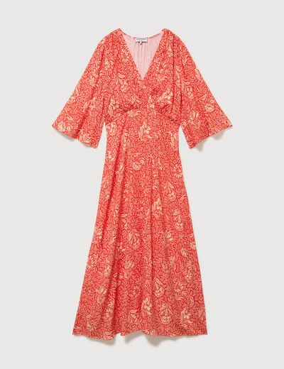 Robe col v manches longues rouge corail femme