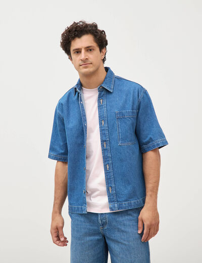 Chemise col am&eacute;ricain manches courtes denim stone homme