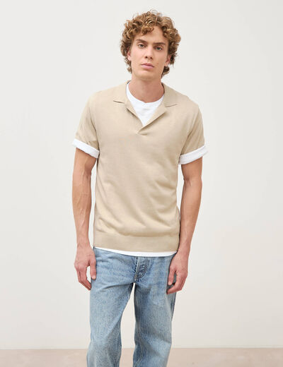 Polo manches courtes col cubain beige homme