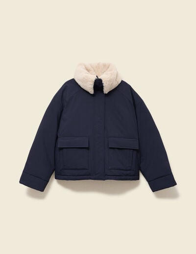 Veste droite courte col classique bleu fonc&eacute; femme