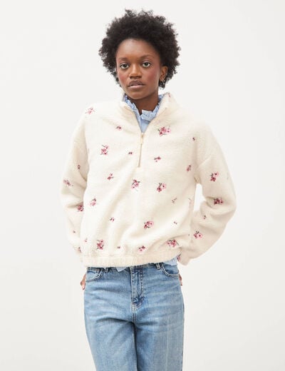 Sweat bouclette sherpa col montant ivoire femme