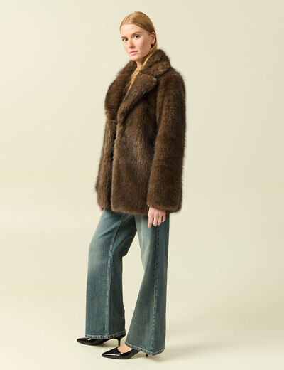 Manteau manches longues doubl&eacute; marron femme