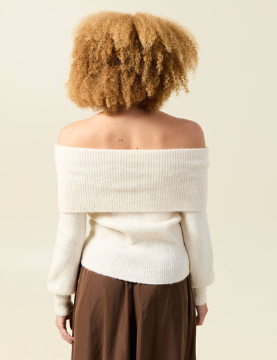 Pull manches longues col bardot ecru femme
