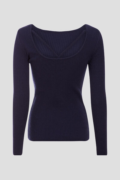 Pull manches longues bleu marine femme