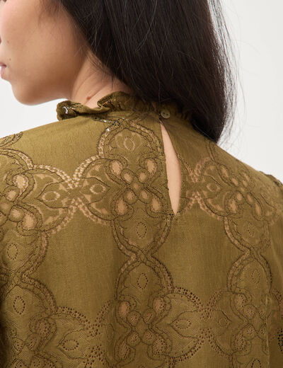 Blouse cintr&eacute;e dentelle manches longues vert olive femme