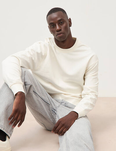 Sweat col rond manches longues en coton ecru homme