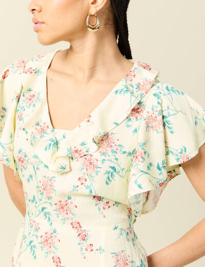 Robe longue &eacute;vas&eacute;e col v manches courtes jaune pastel femme