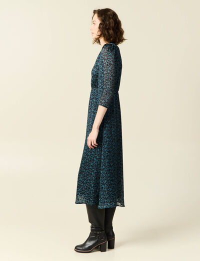 Robe longue évasée manches 3/4 bleu canard femme