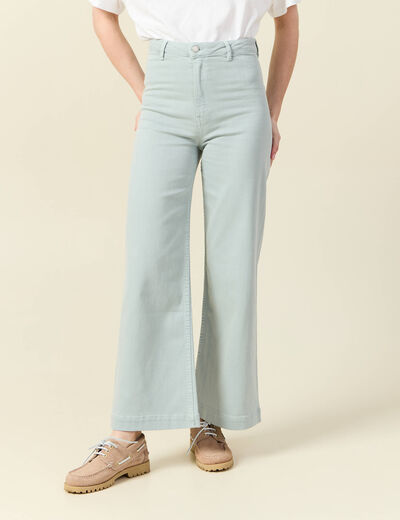 Pantalon large taille haute en jeans vert kaki femme