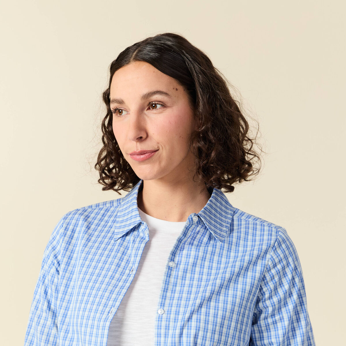 Chemise droite courte en coton bleu clair femme