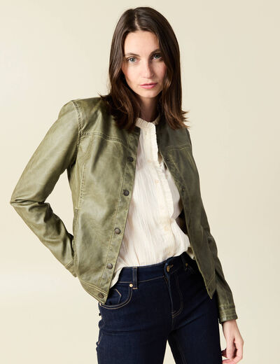 Blouson simili cuir vert kaki femme