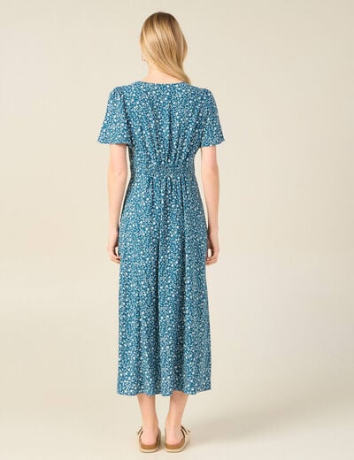 Robe longue droite col v manches courtes bleu femme