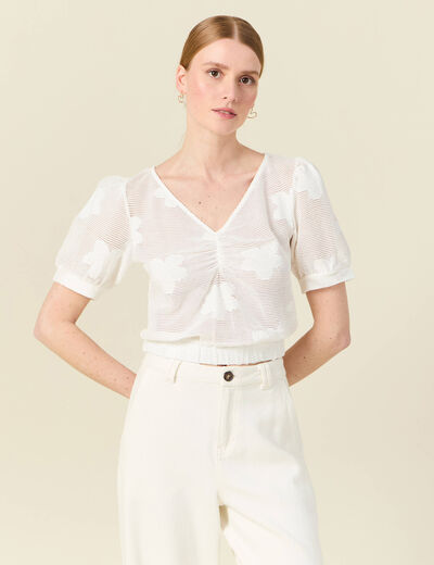 T-shirt manches courtes ajouré creme femme