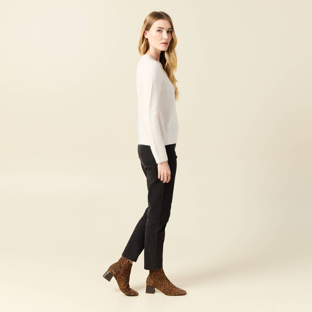 Pull manches longues perles ecru femme