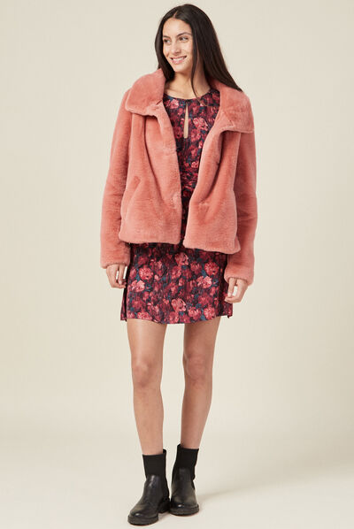 Manteau droit fausse fourrure rouge clair femme