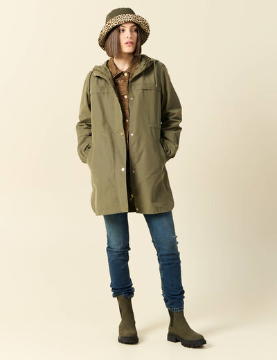 Parka longue à capuche vert kaki femme