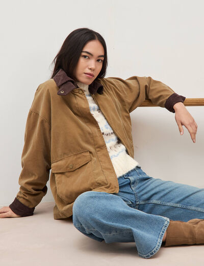 Parka oversize courte col classique camel femme
