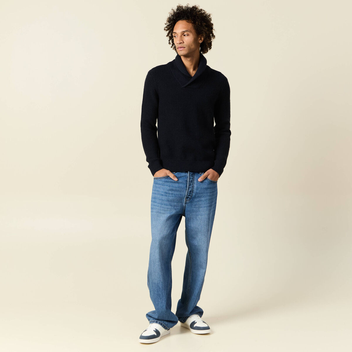 Pull manches longues col châle bleu marine homme