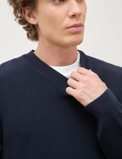 Pull col v manches longues bleu marine homme