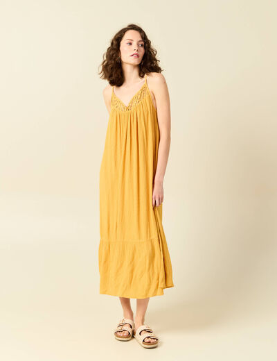 Robe longue évasée fluide jaune femme