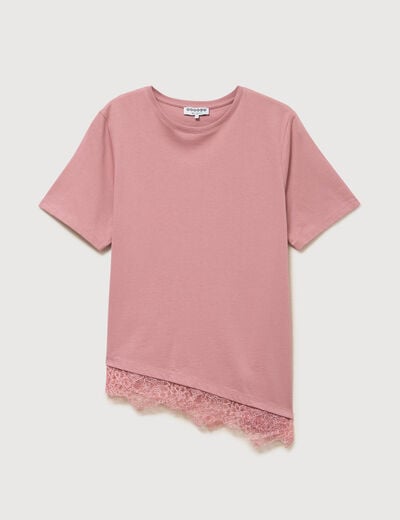 T-shirt droit col rond avec dentelle vieux rose femme