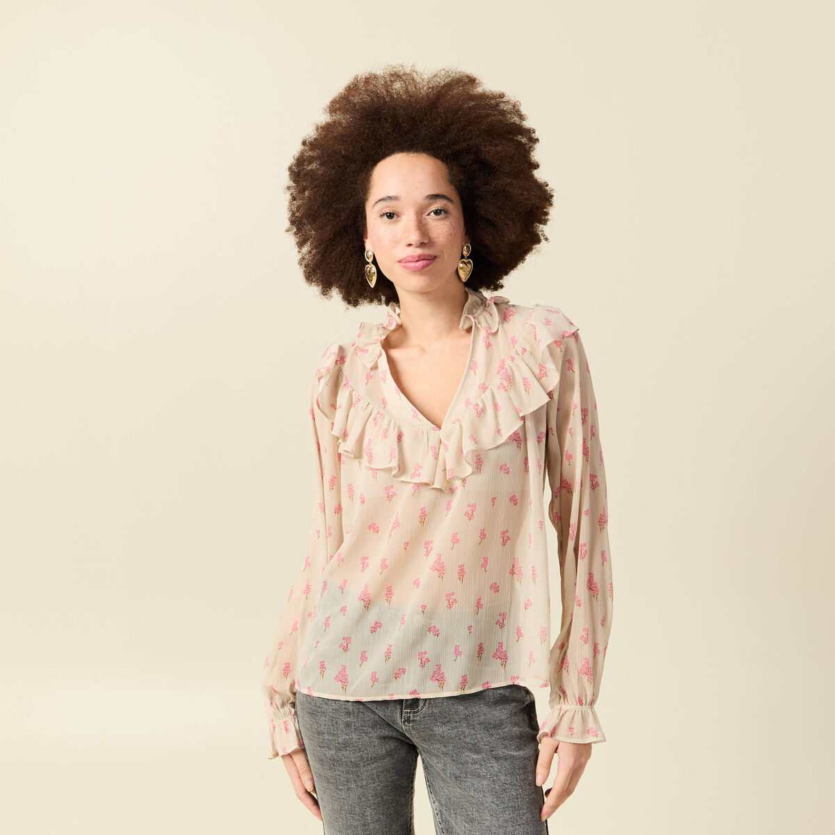 Blouse oversize col v manches longues blanc femme