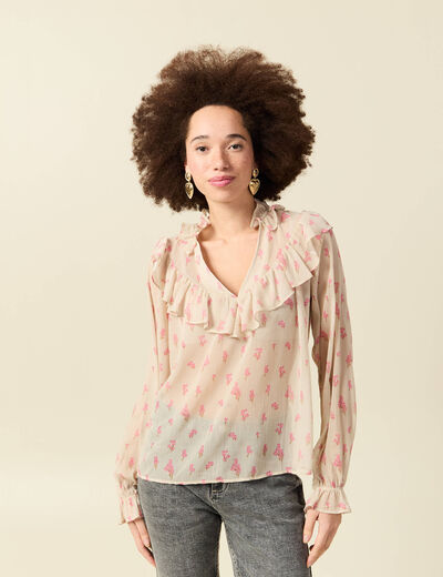 Blouse oversize col v manches longues blanc femme