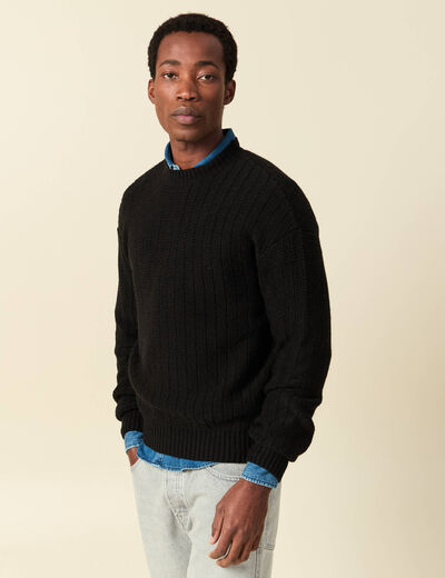 Pull manches longues col rond noir homme