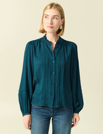 Blouse droite courte d&eacute;tail dentelle bleu canard femme