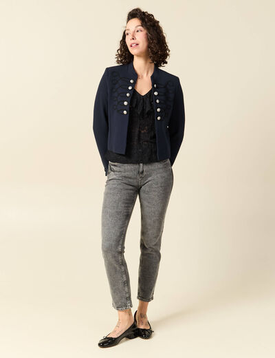 Blouse droite courte manches longues noir femme