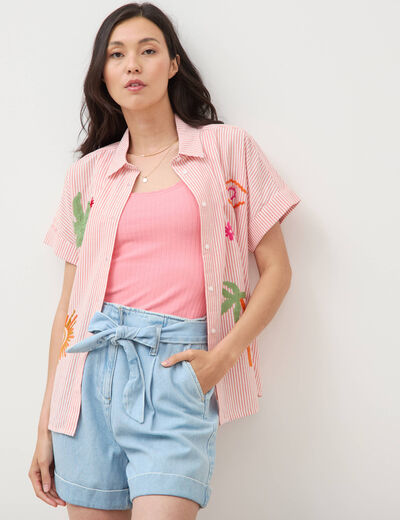 Chemise ample en coton &agrave; broderie orange abricot femme
