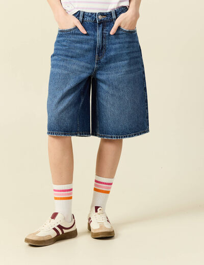 Bermuda large taille haute en coton denim stone femme