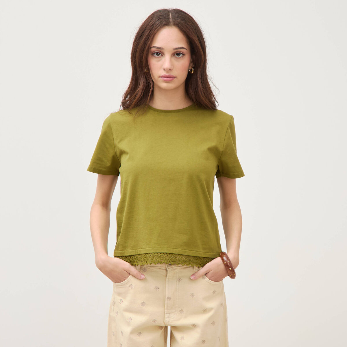 T-shirt droit col rond manches courtes vert kaki femme