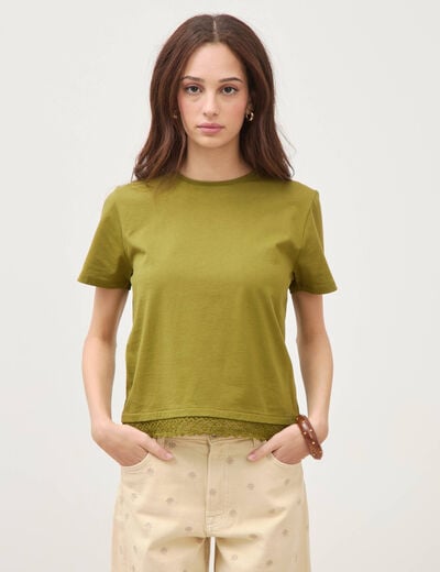 T-shirt droit col rond manches courtes vert kaki femme