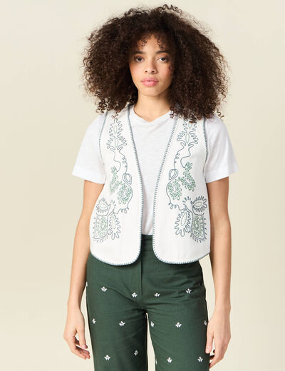 Gilet sans manches brodé ecru femme