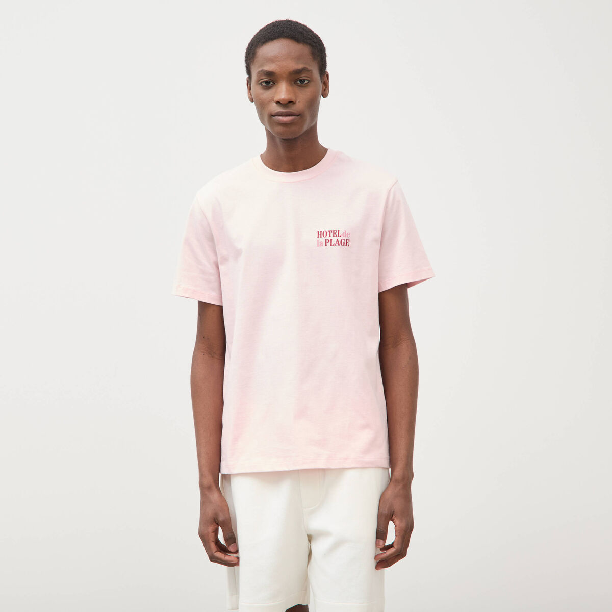 T-shirt droit en coton col rond rose poudr&eacute;e homme