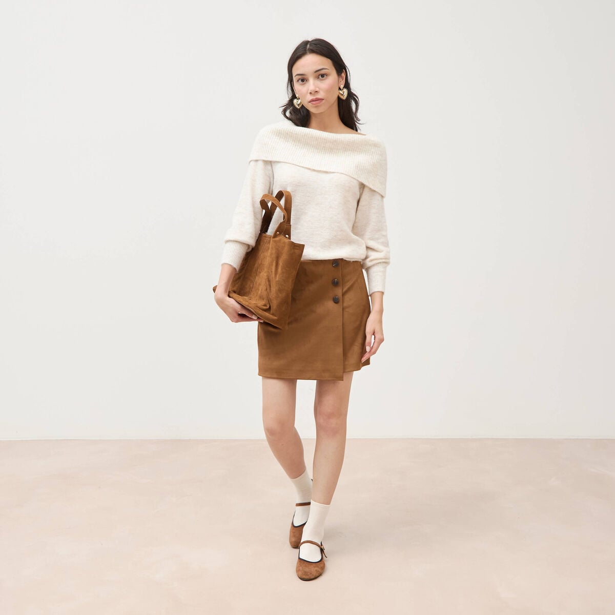 Pull droit manches longues bardot ecru femme