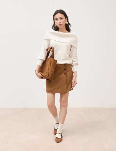 Pull droit manches longues bardot ecru femme