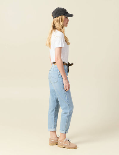 Jeans mom ceinture foulard denim bleach femme