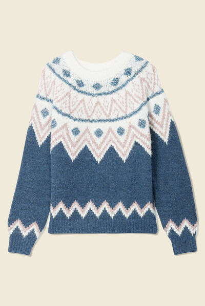 Pull manches longues col rond bleu canard femme