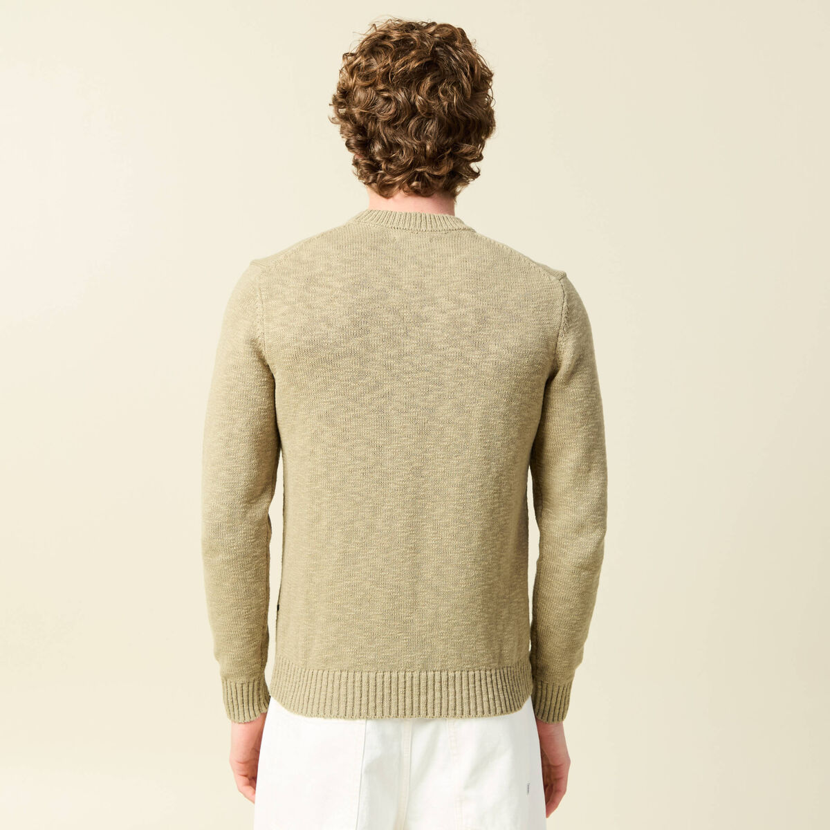 Pull col rond manches longues en coton beige fonce homme