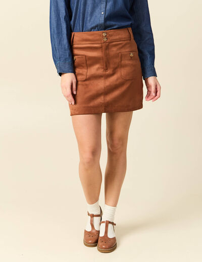 Mini-jupe droite doubl&eacute;e marron clair femme