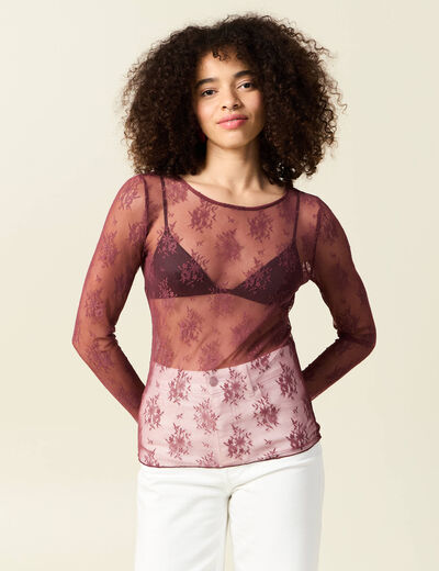 T-shirt ajust&eacute; manches longues col rond bordeaux femme
