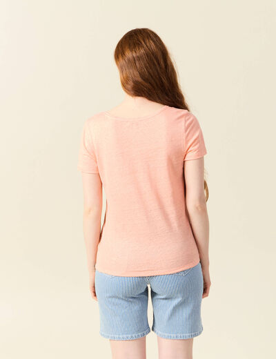 T-shirt col v en lin manches courtes rose saumon femme
