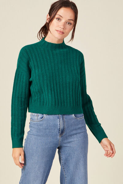 Pull manches longues cropped vert femme