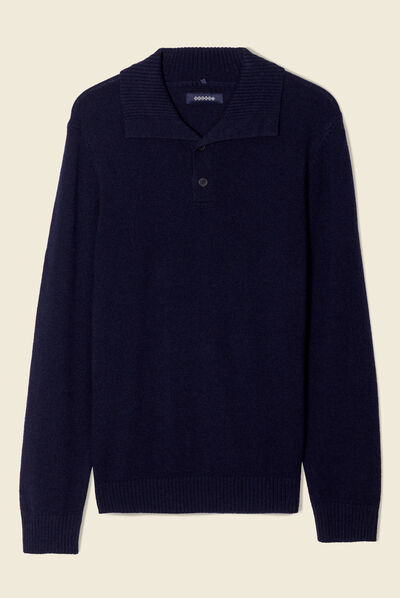 Pull manches longues col polo bleu marine homme